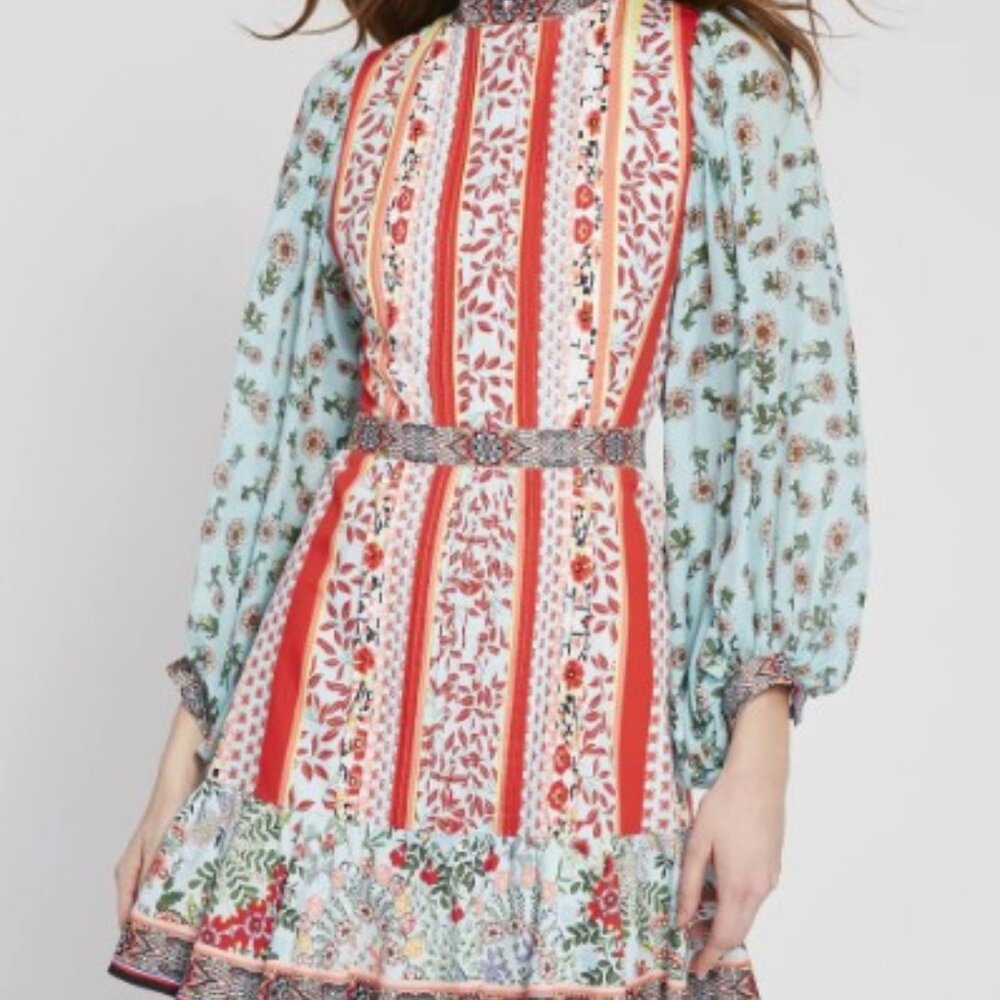 Alice and Olivia Raya Paloma Floral Mini Dress Size 8 Long Billow Sleeves